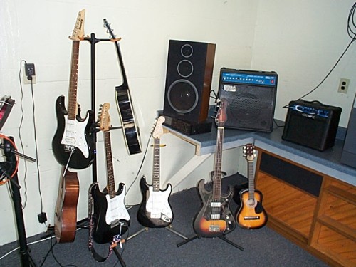 Guitars, Amps And The Sound System For Electronic Drums. 
